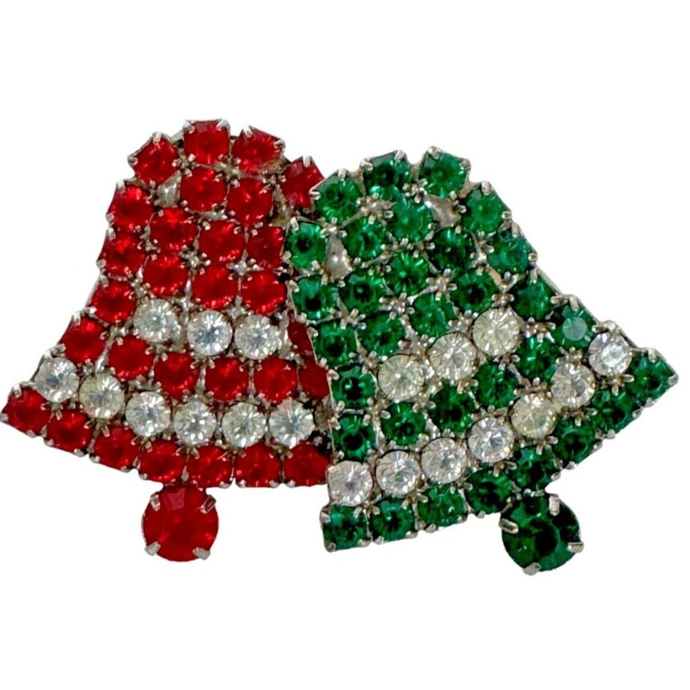 Christmas Bells Vintage Brooch Pin Rhinestones Green Red White 2 Inch Jewelry